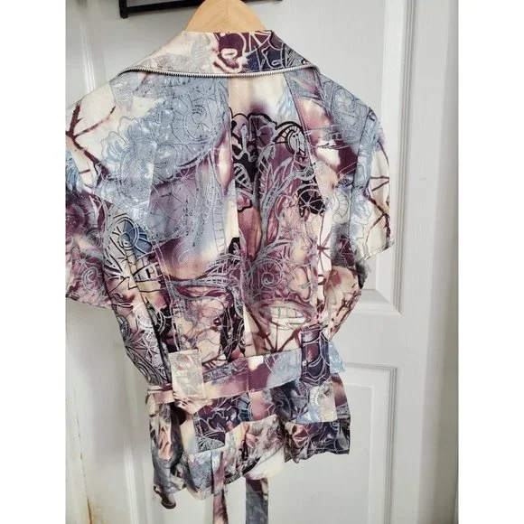 Alberto Makali Linen Blend Tapestry Ruffle Zip Front Short Sleeve Jacket With... - Picture 6 of 8